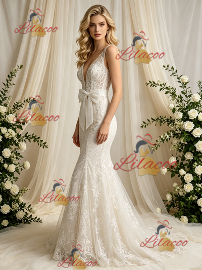 Beige White Mermaid Tulle Lace V-neck Wedding Dress