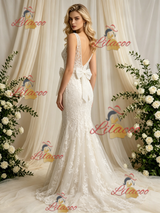 Beige White Mermaid Tulle Lace V-neck Wedding Dress