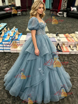 Blue Tulle Puff Sleeve Appliques Prom Dress