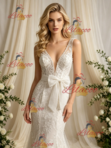 Beige White Mermaid Tulle Lace V-neck Wedding Dress