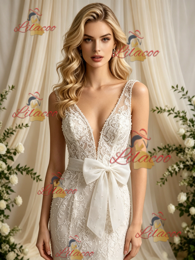 Beige White Mermaid Tulle Lace V-neck Wedding Dress