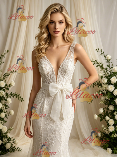 Beige White Mermaid Tulle Lace V-neck Wedding Dress