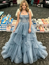 Blue Tulle Halter Appliques Prom Dress