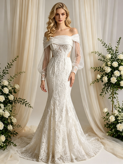 Beige White Mermaid Long Sleeve Appliques Wedding Dress