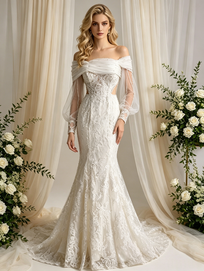 Beige White Mermaid Long Sleeve Appliques Wedding Dress