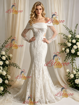 Beige White Mermaid Long Sleeve Appliques Wedding Dress