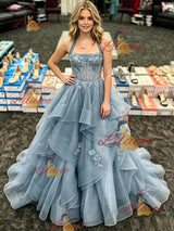 Blue Tulle Halter Appliques Prom Dress