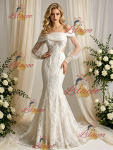 Beige White Mermaid Long Sleeve Appliques Wedding Dress