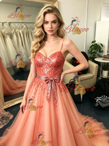 Tulle Sequins Straps Prom Dress