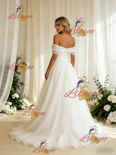 White Tulle Off the Shoulder Pleats Wedding Dress