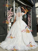 White Tulle Square Neck Appliques Quinceanera Dress