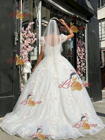 White Tulle Square Neck Appliques Quinceanera Dress