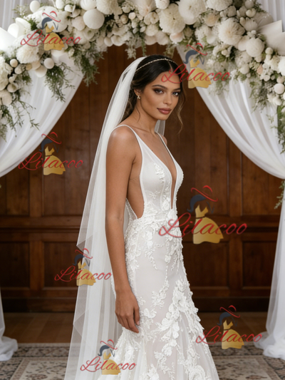 White Tulle V-neck Appliques Wedding Dress