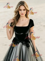 Black Tulle Square Neck Cap Sleeve Wedding Dress