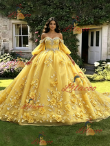 Yellow Tulle 3D Appliques Long Sleeve Quinceanera Dress