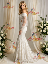 Beige White Mermaid Long Sleeve Appliques Wedding Dress
