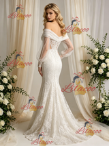 Beige White Mermaid Long Sleeve Appliques Wedding Dress