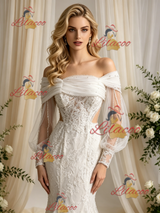 Beige White Mermaid Long Sleeve Appliques Wedding Dress