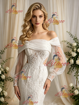 Beige White Mermaid Long Sleeve Appliques Wedding Dress