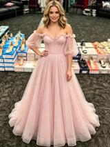 Pink Tulle Short Sleeve Prom Dress