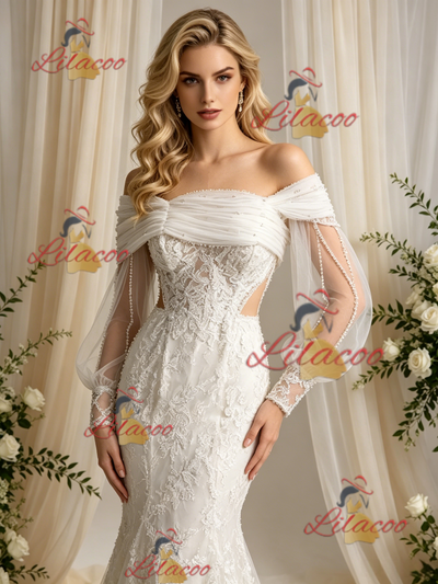 Beige White Mermaid Long Sleeve Appliques Wedding Dress