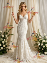 Beige White Mermaid Tulle Lace V-neck Wedding Dress
