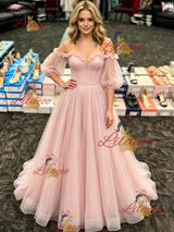 Pink Tulle Short Sleeve Prom Dress