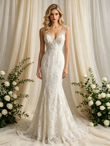 Beige White Mermaid Tulle Lace V-neck Wedding Dress