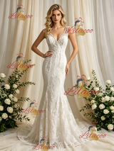 Beige White Mermaid Tulle Lace V-neck Wedding Dress
