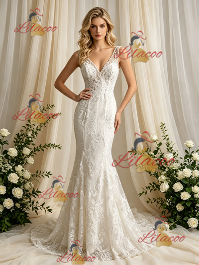 Beige White Mermaid Tulle Lace V-neck Wedding Dress