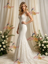 Beige White Mermaid Tulle Lace V-neck Wedding Dress