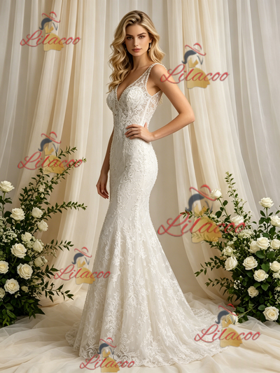 Beige White Mermaid Tulle Lace V-neck Wedding Dress