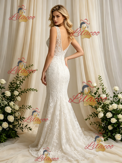 Beige White Mermaid Tulle Lace V-neck Wedding Dress