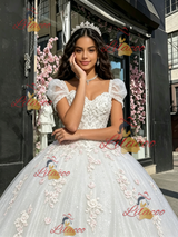 White Tulle Square Neck Appliques Quinceanera Dress
