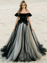 Black Tulle Off the Shoulder Appliques Wedding Dress