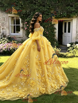 Yellow Tulle 3D Appliques Long Sleeve Quinceanera Dress