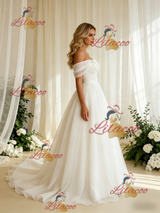 White Tulle Off the Shoulder Pleats Wedding Dress