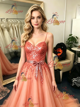 Tulle Sequins Straps Prom Dress