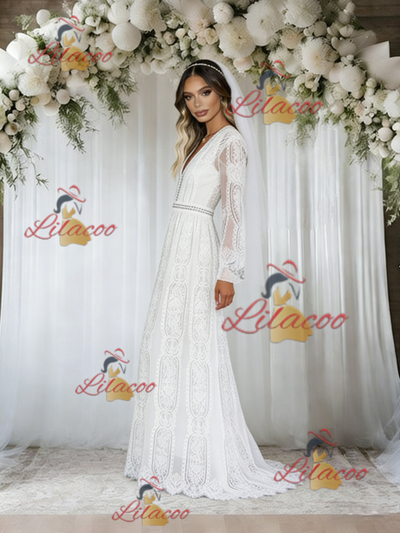 White Lace Long Sleeve V-neck Wedding Dress
