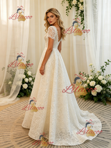 White Lace Short Sleeve Wedding Dress