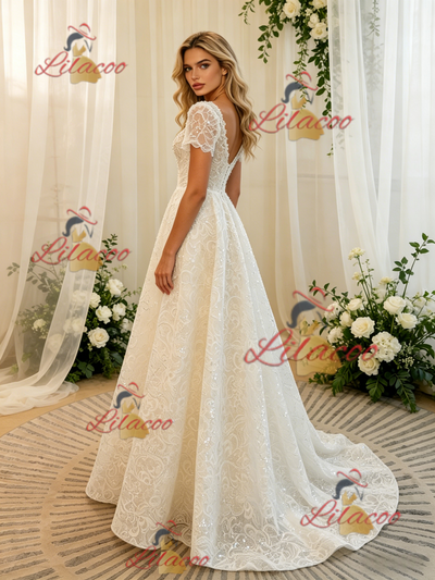 White Lace Short Sleeve Wedding Dress