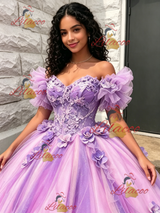 Purple Tulle Off the Shoulde 3D Flower Quinceanera Dress