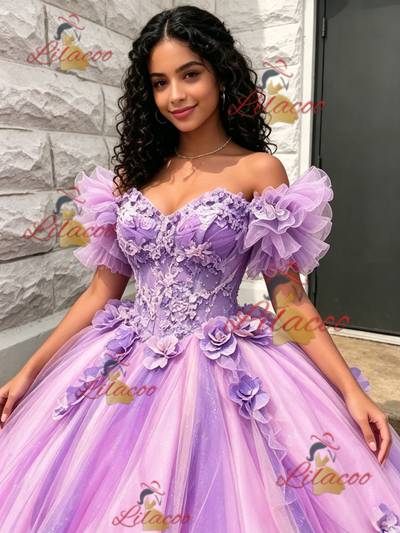 Purple Tulle Off the Shoulde 3D Flower Quinceanera Dress