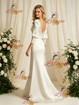 Ivory Satin Long Sleeve Beading Wedding Dress