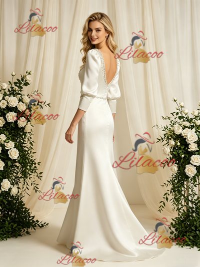 Ivory Satin Long Sleeve Beading Wedding Dress