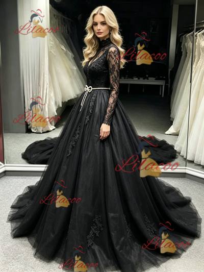 Black Tulle Long Sleeve Appliques Prom Dress