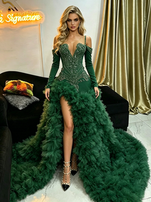 Green Mermaid Long Sleeve Beading Prom Dress