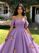 Purple Tulle Off the Shoulder Pleats Quinceanera Dress