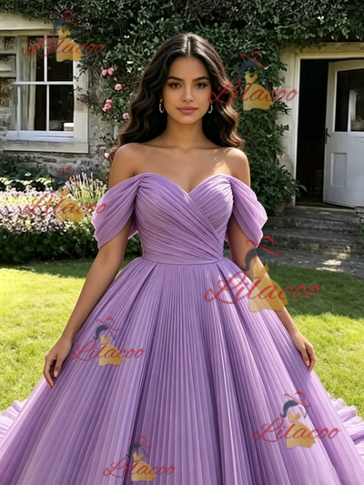 Purple Tulle Off the Shoulder Pleats Quinceanera Dress