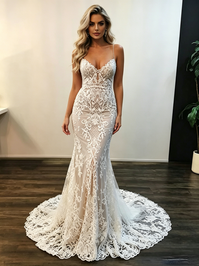 White Mermaid Straps Lace Wedding Dress